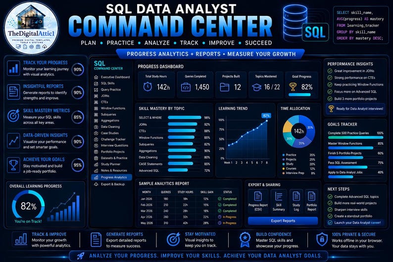 SQLデータアナリストコマンドセンター | SQL学習プランナー、クエリ練習、ポートフォリオプロジェクト＆面接トラッカー | インタラクティブHTMLダッシュボード 画像 11