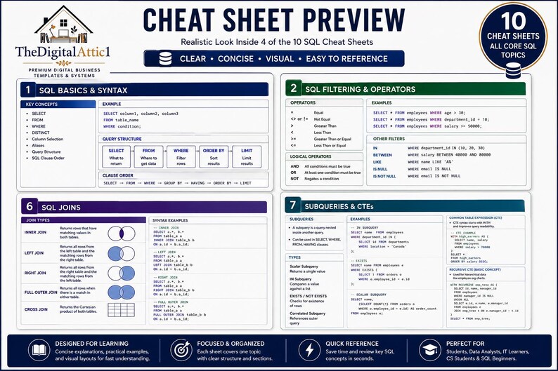 SQL Cheat Sheet Bundle | SQL Study Guide | Database Queries JOINs CTEs | Data Analyst Computer Science Student Notes image 4