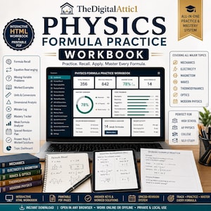 Puede incluir: Un libro de ejercicios de fórmulas de física digital en la pantalla de una computadora portátil, acompañado de un cuaderno de espiral, una tableta con ejercicios de ecuaciones y hojas de práctica impresas con un panel de control de progreso.