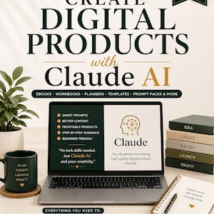 May include: A digital product guide titled Create Digital Products with Claude AI. The image features a laptop displaying a Claude AI interface, a dark green mug, a stack of books labeled Idea, Create, Design, Launch, Profit, and a notebook with a pen.