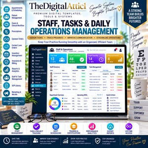May include: A digital dashboard for staff and operations management displayed on a laptop screen. The interface features sections for staff directory, task management, and department overview. Surrounding elements include a list of optometry practice icons, a plant, glasses, a notebook, and a stack of blocks with text.