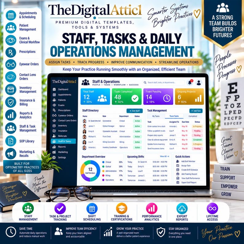 May include: A digital dashboard for staff and operations management displayed on a laptop screen. The interface features sections for staff directory, task management, and department overview. Surrounding elements include a list of optometry practice icons, a plant, glasses, a notebook, and a stack of blocks with text.