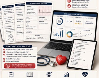 ECG EKG Interpretation Cheat Sheet Bundle | 20 Nursing Study Sheets | Cardiac Rhythm Guide | Printable PDF + Study Tracker