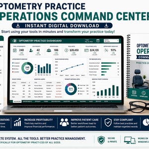 K&ouml;nnte beinhalten: Ein digitales Dashboard f&uuml;r das Operations-Command-Center einer Optometrie-Praxis auf einem Laptop-Bildschirm, begleitet von einem spiralgebundenen Betriebshandbuch und einer schwarz umrandeten Brille. Die Oberfl&auml;che zeigt Diagramme.