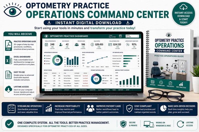 K&ouml;nnte beinhalten: Ein digitales Dashboard f&uuml;r das Operations-Command-Center einer Optometrie-Praxis auf einem Laptop-Bildschirm, begleitet von einem spiralgebundenen Betriebshandbuch und einer schwarz umrandeten Brille. Die Oberfl&auml;che zeigt Diagramme.