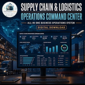 May include: A digital dashboard titled Supply Chain & Logistics Operations Command Center displayed on a computer monitor. The screen shows data metrics, a global map, inventory charts, shipment status, and risk alerts against a dark background.