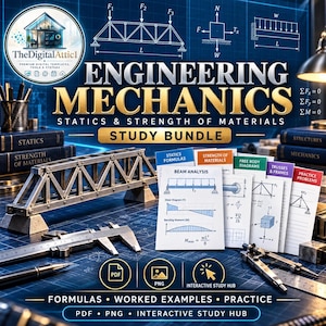 May include: An Engineering Mechanics study bundle featuring a metal truss model, a metal caliper, a compass, and several white cards with diagrams and text including Beam Analysis, Statics Formulas, and Strength of Materials on a blue grid background.