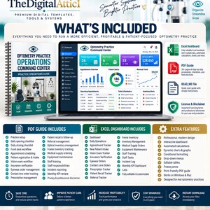May include: A digital optometry practice operations command center template set including a spiral-bound guide, an Excel dashboard, and a PDF guide. The interface displays patient metrics, appointment schedules, and revenue trends for clinical management.