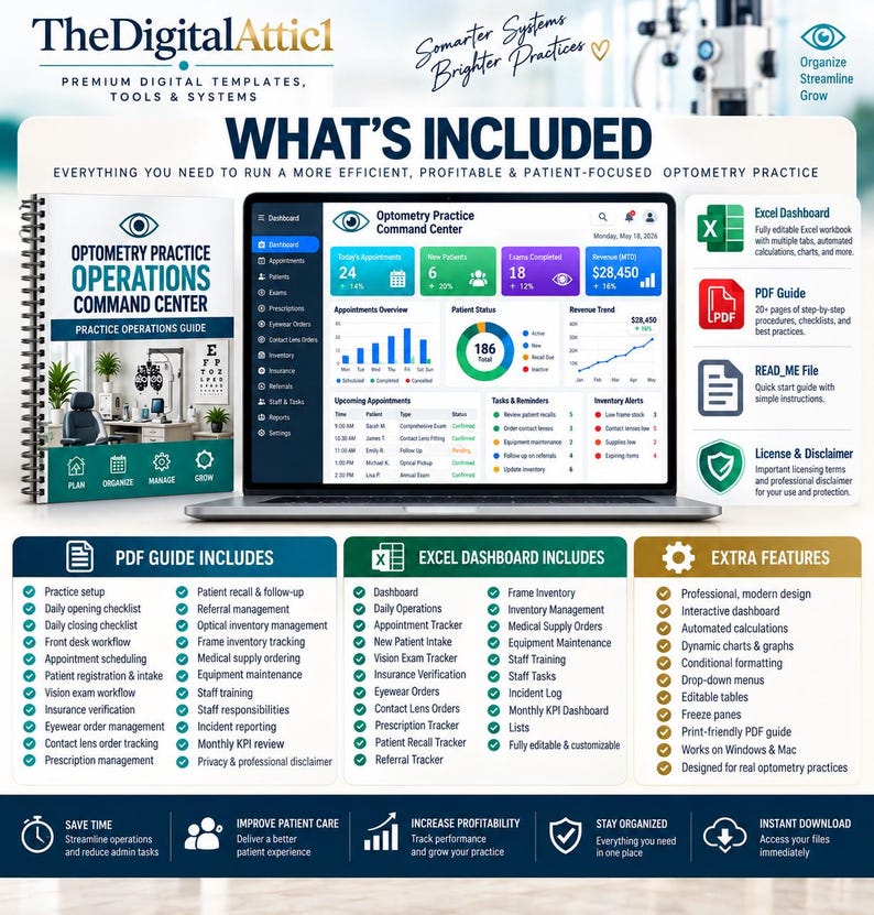 May include: A digital optometry practice operations command center template set including a spiral-bound guide, an Excel dashboard, and a PDF guide. The interface displays patient metrics, appointment schedules, and revenue trends for clinical management.