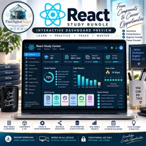 May include: A digital React study bundle displayed on a laptop screen, featuring an interactive dashboard with progress trackers, topic mastery charts, and study streak metrics. The interface includes navigation menus for learning, practice, and projects.