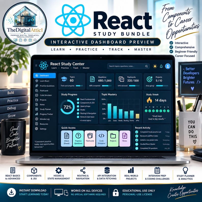 May include: A digital React study bundle displayed on a laptop screen, featuring an interactive dashboard with progress trackers, topic mastery charts, and study streak metrics. The interface includes navigation menus for learning, practice, and projects.