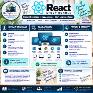May include: A digital React study bundle infographic featuring a blue and white color scheme. It outlines instant download steps, device compatibility icons, privacy and security policies, an educational disclaimer, and a personal-use license.