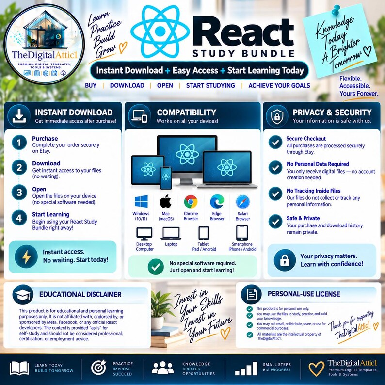 May include: A digital React study bundle infographic featuring a blue and white color scheme. It outlines instant download steps, device compatibility icons, privacy and security policies, an educational disclaimer, and a personal-use license.
