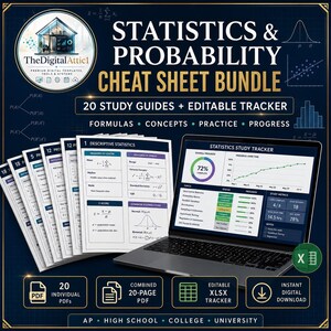 May include: A digital statistics and probability cheat sheet bundle featuring 20 study guides and an editable tracker. The set includes a laptop displaying a statistics study tracker, multiple printed study guide pages, and icons for PDF and XLSX files.