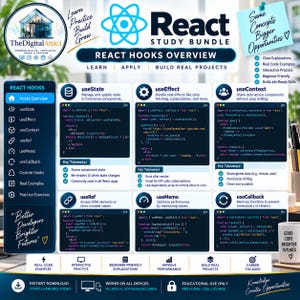 May include: A React study bundle infographic featuring a React hooks overview with code snippets for useState, useEffect, useContext, useRef, useMemo, and useCallback. The layout includes text labels, icons, and educational notes for developers.
