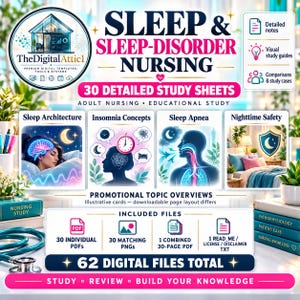 May include: A digital study guide titled Sleep & Sleep-Disorder Nursing featuring 30 detailed study sheets. The graphic includes sections on sleep architecture, insomnia, sleep apnea, and safety, plus icons for 30 PDFs, 30 PNGs, and a license file.