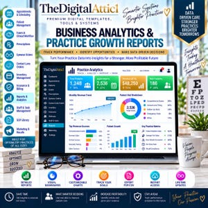 May include: A laptop displaying a business analytics dashboard with charts, graphs, and metrics for optometry practices. The screen shows patient data, revenue trends, and visit breakdowns. Black-rimmed glasses sit in front of the laptop on a desk.