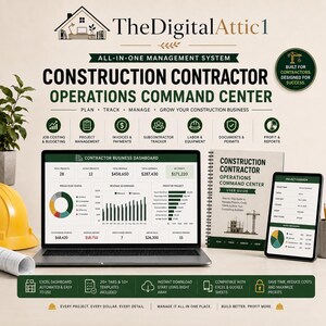May include: A digital construction contractor operations command center system displayed on a laptop and tablet, featuring a business dashboard, user guide, and project overview. Includes icons for job costing, project management, and invoices.
