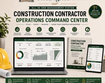 Construction Contractor Management System | Job Costing Project Budget Estimate Invoice Tracker | Excel Dashboard