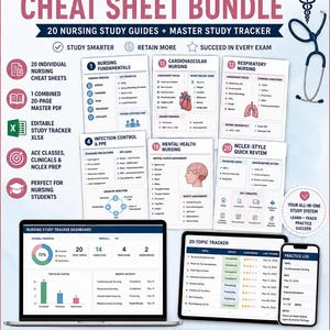 May include: A digital nursing study bundle featuring 20 cheat sheets, a master study tracker, and a practice log. The display includes nursing fundamentals, cardiovascular, respiratory, and mental health guides, plus a laptop and smartphone dashboard.