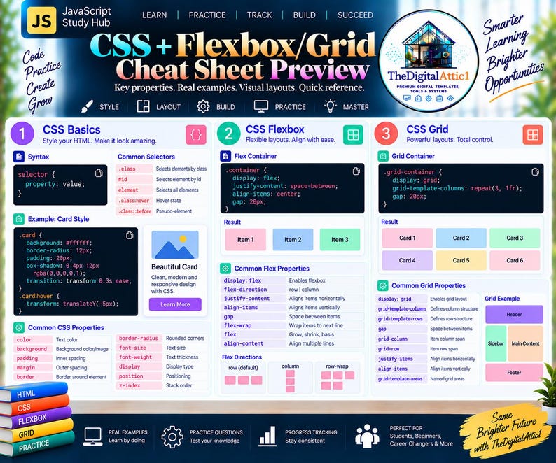 HTML + CSS Cheat Sheet Bundle + Interactive Web Design Practice Tracker image 18