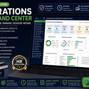 Può includere: Un computer portatile che mostra una dashboard del centro operativo per le risorse umane e i dipendenti con varie metriche, grafici ed elenchi. Lo schermo visualizza dati esecutivi delle risorse umane, inclusi lo stato dei dipendenti, la formazione e le scadenze, con testo che descrive funzionalità come il reclutamento.