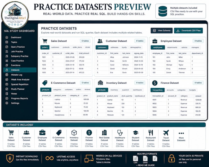 Pacchetto di fogli riassuntivi SQL + strumento di monitoraggio della pratica delle query / Guida allo studio SQL immagine 8