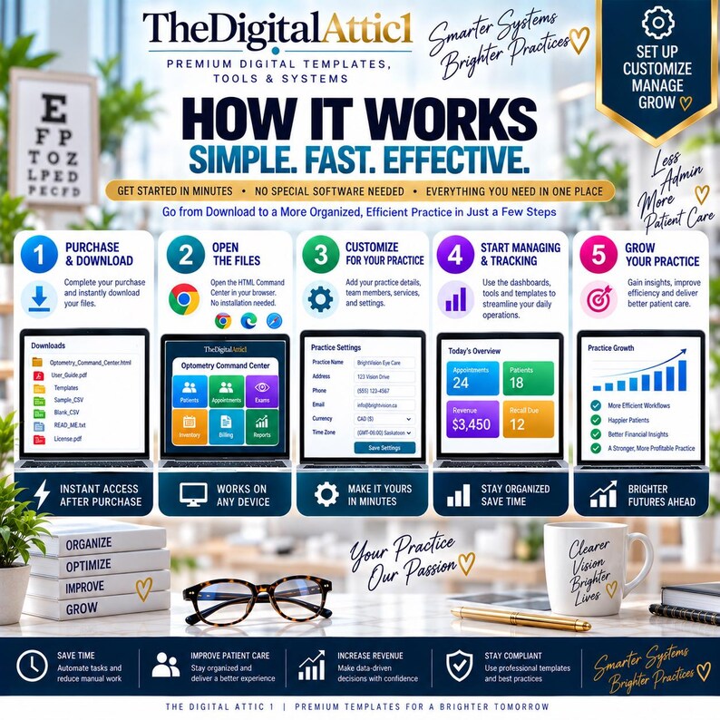 May include: A digital infographic titled TheDigitalAttic1 detailing a five-step workflow for optometry practice management. It features icons, laptop screens displaying software dashboards, a pair of glasses, and a mug with the text Clearer Vision Brighter Lives.