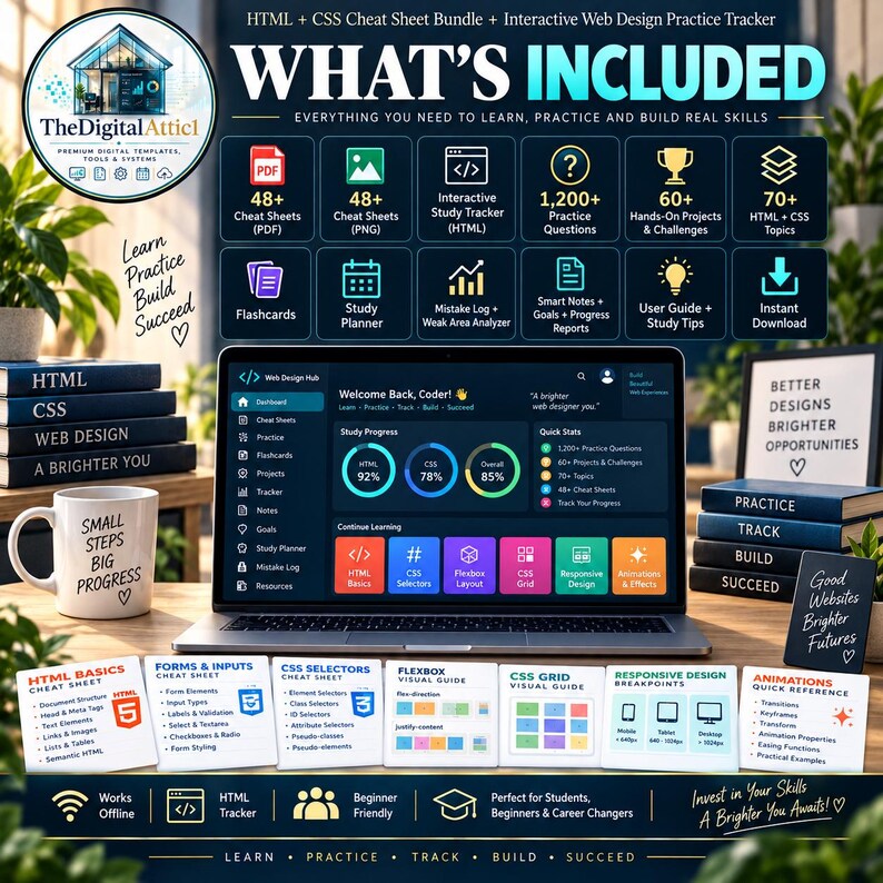 HTML + CSS Cheat Sheet Bundle + Interactive Web Design Practice Tracker image 2