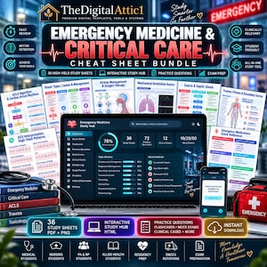 May include: A digital bundle for emergency medicine and critical care featuring a laptop displaying a study hub, a smartphone with flashcards, a stack of medical books, and various printed cheat sheets covering topics like ECG, trauma, and airway management.