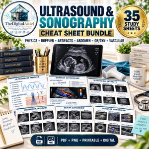 May include: A digital bundle of 35 ultrasound and sonography study sheets featuring medical diagrams, fetal imaging, and Doppler physics. The set includes printed reference cards, a tablet displaying a fetus, a transducer, and a stethoscope.