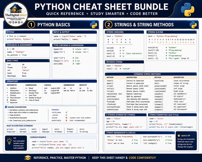 Python Cheat Sheet Bundle | Python Programming Study Guide | Coding Syntax Reference | Computer Science Student Notes afbeelding 5