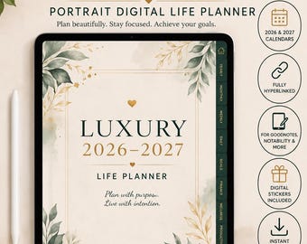 Luxury 2026–2027 Portrait Digital Life Planner | Hyperlinked PDF | Goodnotes | Daily Weekly Monthly Planner