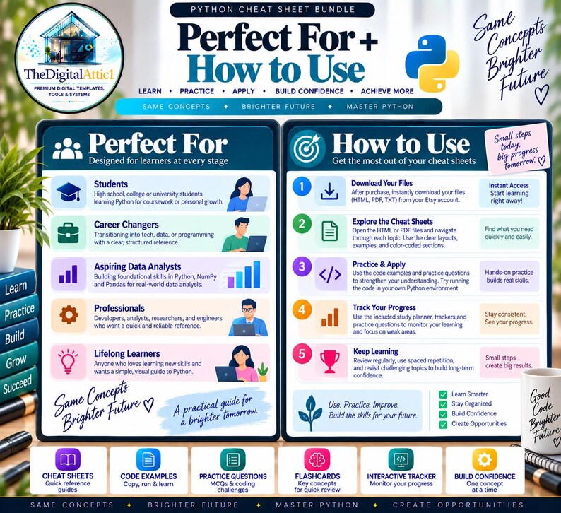 Python Cheat Sheet Bundle + Interactive Coding Practice Tracker imagem 19