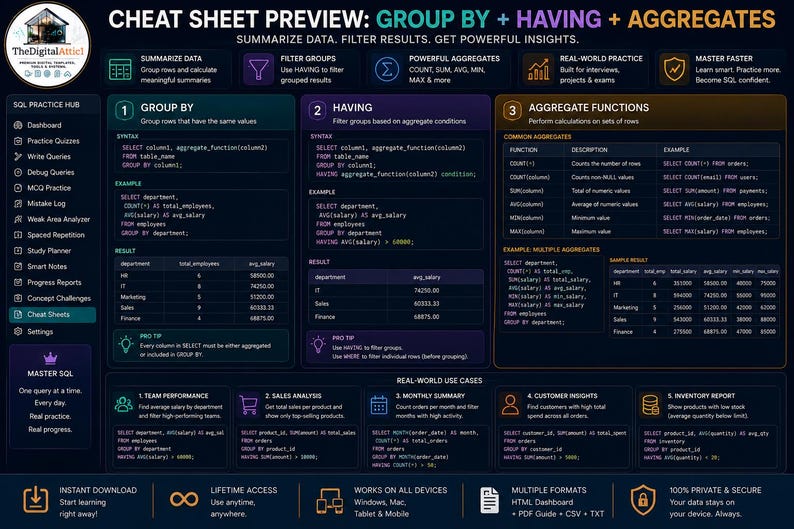 Pacchetto di fogli riassuntivi SQL + strumento di monitoraggio della pratica delle query / Guida allo studio SQL immagine 13