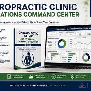 Może przedstawiać: Zestaw narzędzi Chiropractic Clinic Operations Command Center zawierający drukowany przewodnik oraz laptop z wyświetlonym pulpitem nawigacyjnym Excel. Materiały zawierają tekst, wykresy i ikony do zarządzania codziennymi operacjami i wynikami.