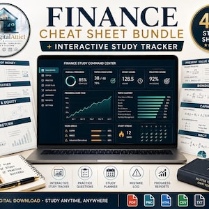May include: A digital finance study bundle featuring a laptop displaying a command center dashboard with progress charts, surrounded by printed cheat sheets for topics like annuities and stocks, a calculator, a notebook, and a gold bull figurine.