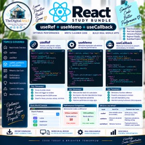 May include: A React study bundle infographic featuring code snippets for useRef, useMemo, and useCallback. The layout includes sections for topics covered, key takeaways, performance comparisons, and real-world examples with blue and white text.