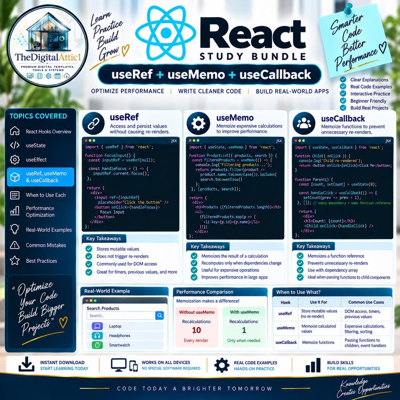 May include: A React study bundle infographic featuring code snippets for useRef, useMemo, and useCallback. The layout includes sections for topics covered, key takeaways, performance comparisons, and real-world examples with blue and white text.