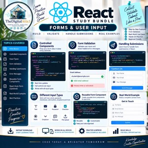 May include: A React study bundle infographic titled Forms & User Input, featuring code snippets for controlled components, form validation, and submission handling. It includes sections on input types, reusable components, and real-world contact form examples.