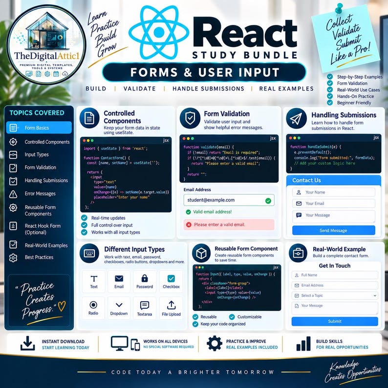 May include: A React study bundle infographic titled Forms & User Input, featuring code snippets for controlled components, form validation, and submission handling. It includes sections on input types, reusable components, and real-world contact form examples.