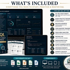 Pacchetto di fogli riassuntivi SQL + strumento di monitoraggio della pratica delle query / Guida allo studio SQL immagine 2