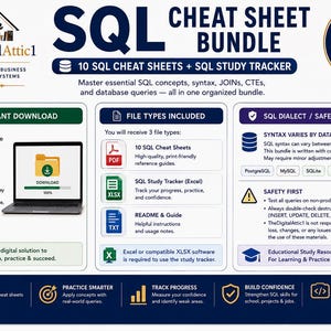 SQL Cheat Sheet Bundle | SQL Study Guide | Database Queries JOINs CTEs | Data Analyst Computer Science Student Notes image 9