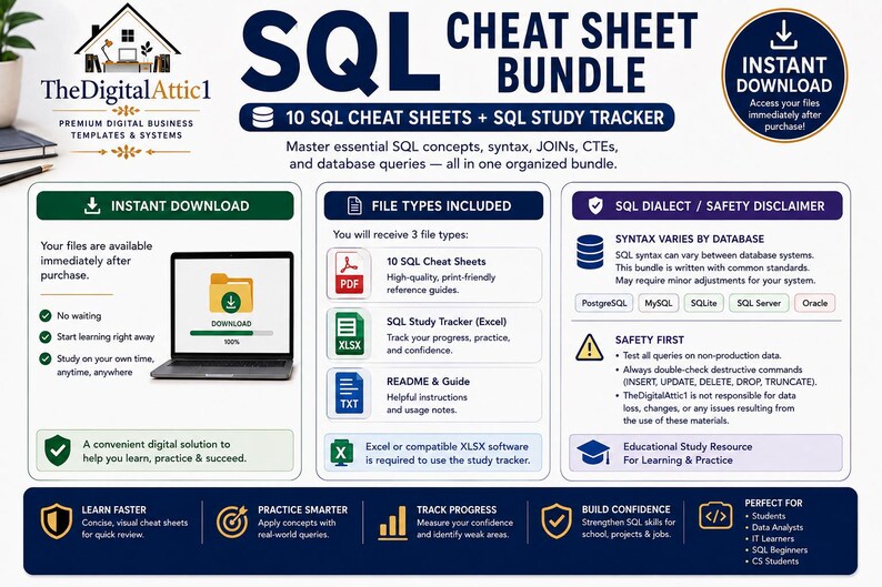 SQL Cheat Sheet Bundle | SQL Study Guide | Database Queries JOINs CTEs | Data Analyst Computer Science Student Notes image 9