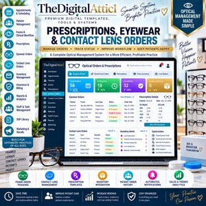 May include: A digital dashboard for optical management displayed on a laptop screen, featuring sections for eyewear orders, contact lens orders, and prescription details. The interface includes navigation menus, status trackers, and inventory alerts for an optometry practice.