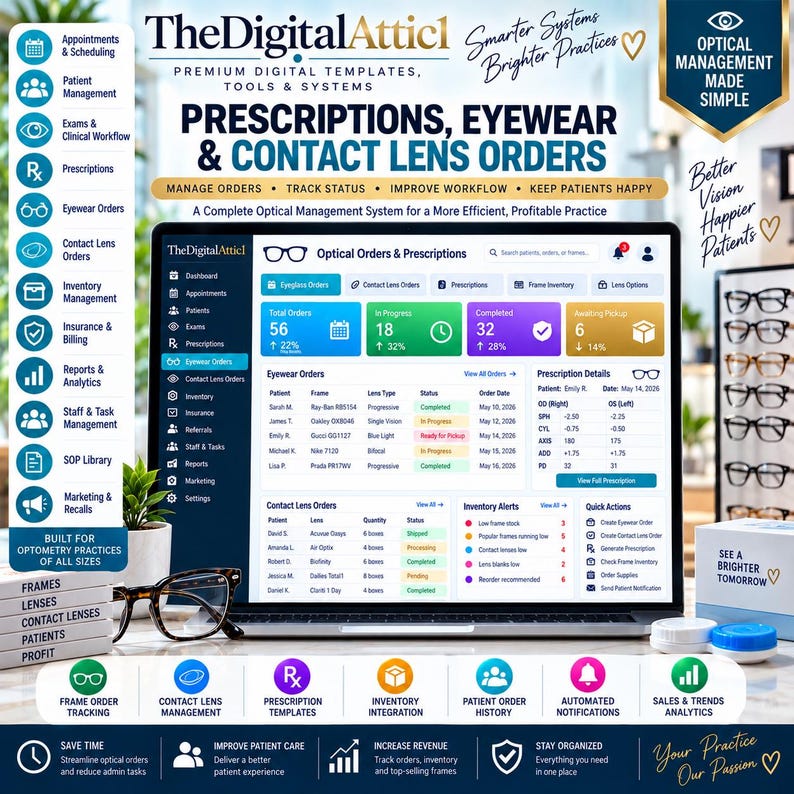 May include: A digital dashboard for optical management displayed on a laptop screen, featuring sections for eyewear orders, contact lens orders, and prescription details. The interface includes navigation menus, status trackers, and inventory alerts for an optometry practice.