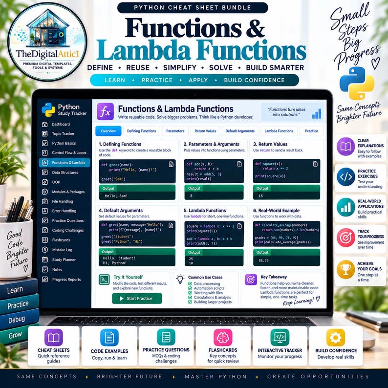 Python Cheat Sheet Bundle + Interactive Coding Practice Tracker imagem 6