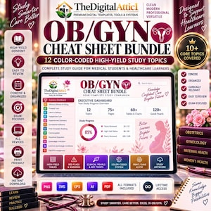 May include: A digital OB/GYN cheat sheet bundle displayed on a laptop screen, featuring an executive dashboard with 12 topics, 75+ pages, 60+ tables, and 120+ quick pearls. The interface includes a progress tracker, medical icons, and text.