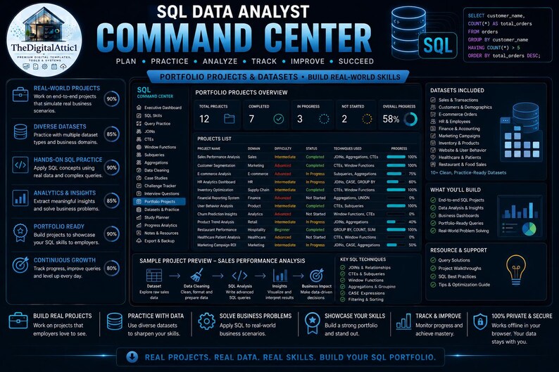 SQLデータアナリストコマンドセンター | SQL学習プランナー、クエリ練習、ポートフォリオプロジェクト＆面接トラッカー | インタラクティブHTMLダッシュボード 画像 9