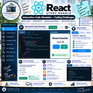 May include: A digital React study bundle featuring an interactive code simulator, coding challenges, and project builder. The interface displays code snippets, a live preview of a counter component, quiz questions, and a cheat sheet for React hooks.